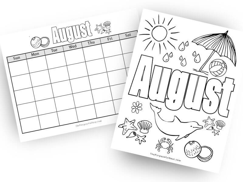 August Coloring Page and Calendar