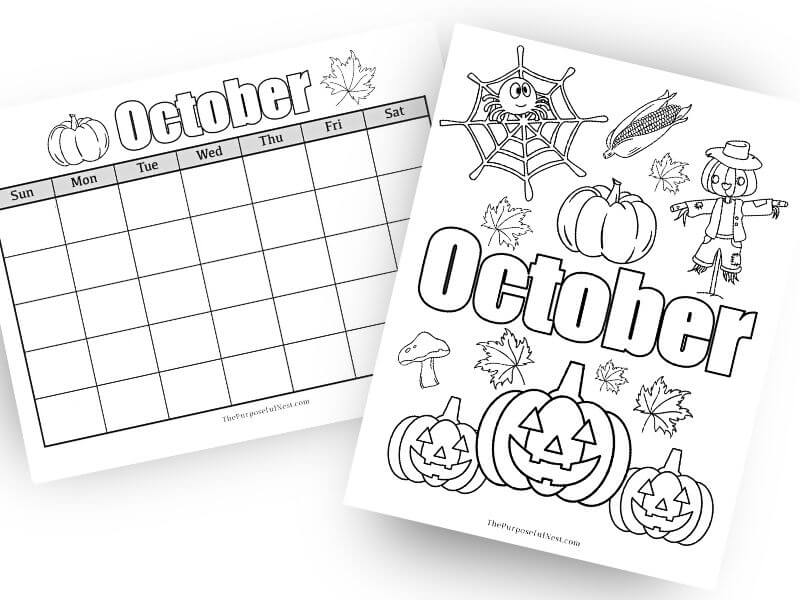 October Coloring Page and Calendar