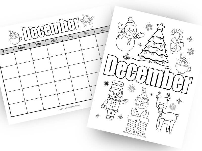 December Calendar and Coloring Page for Kids