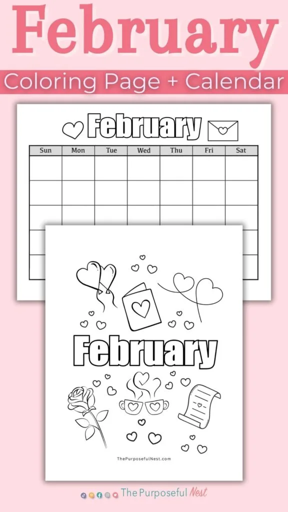 February Calendar and Coloring Page.
